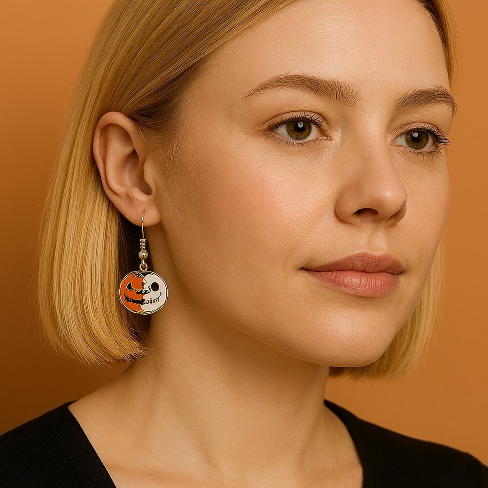 Halloween Pumpkin Dangle Earrings Enamel 1 1/4 Inch Drop Orange White New